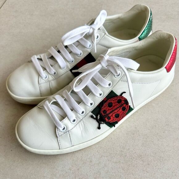 Gucci White Leather Embroidered Ladybug And Pineapple Ace Sneakers Size 36.5 - Picture 3 of 15